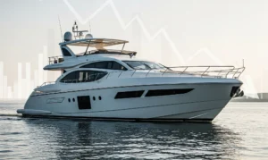 A modern new boat in calm waters near docks with a faint white staggered line in the background trending downwards to illustrate lower interest rates on new boats in 2025