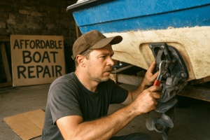 An affordable boat repair mechanic working on a boat