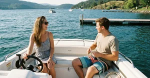 Couple on a boat discussing boat loan options or marine finance