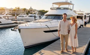A couple browsing luxury motor cruisers moored at a sunny outdoor boat show marina.